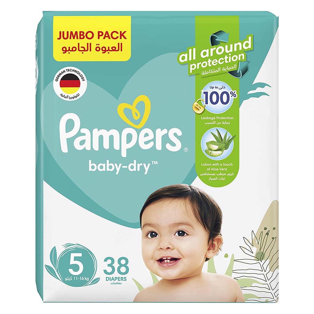 Pampers, Baby-Dry Diapers with Aloe Vera Size 5, Comfortable baby diapers with aloe vera for 11-16kg, 38 diapers