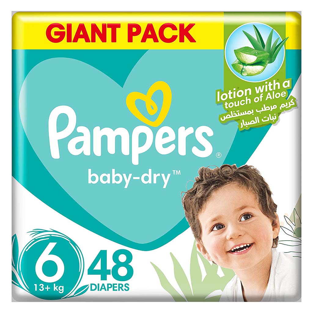 Pampers Baby-Dry Baby Diapers With Aloe Vera, Size 6, 13+Kg, Giant Pack of 48's