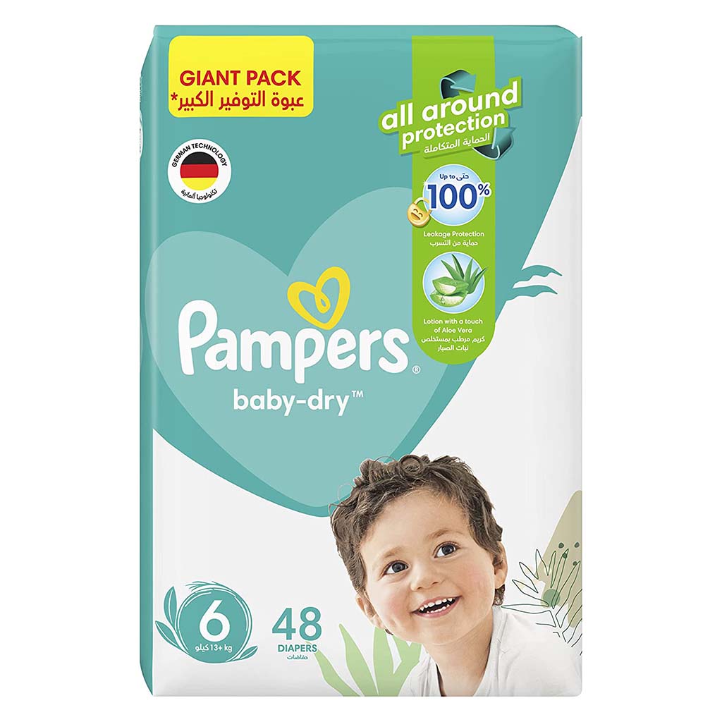 Pampers Baby-Dry Baby Diapers With Aloe Vera, Size 6, 13+Kg, Giant Pack of 48's