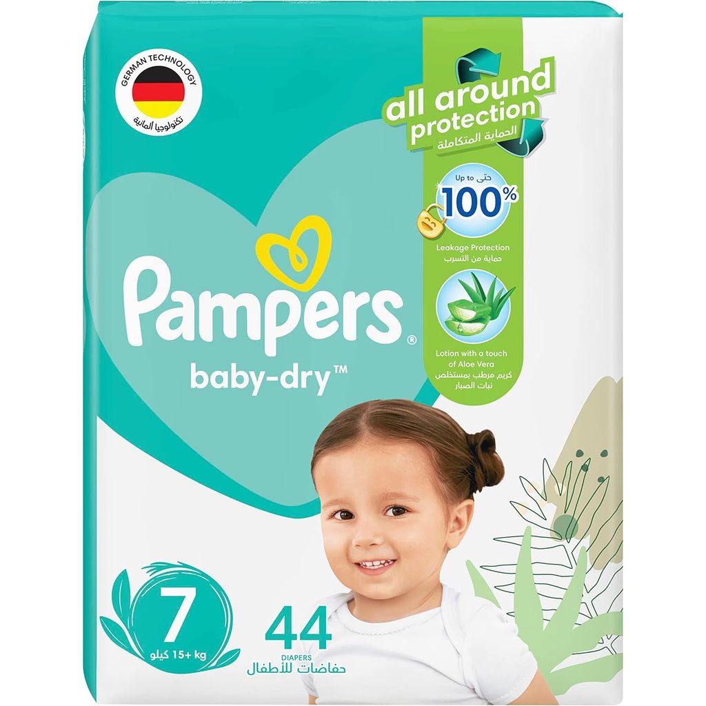 Pampers, Aloe Vera Taped Diapers Extra Large, Gentle diapers with aloe vera for 15+ kg babies, size 7