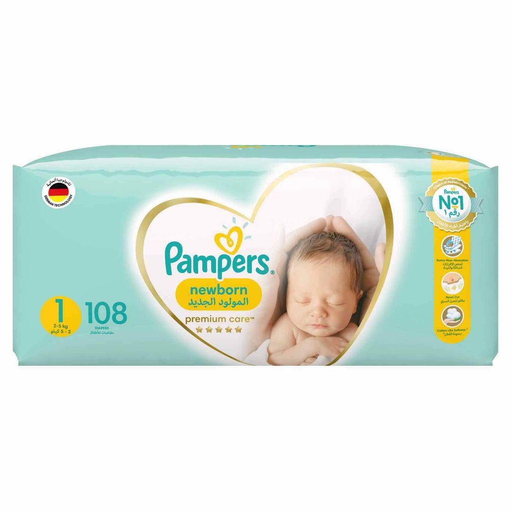 Pampers Premium Care Diapers, Size 1, 2-5Kg, Pack of 108's