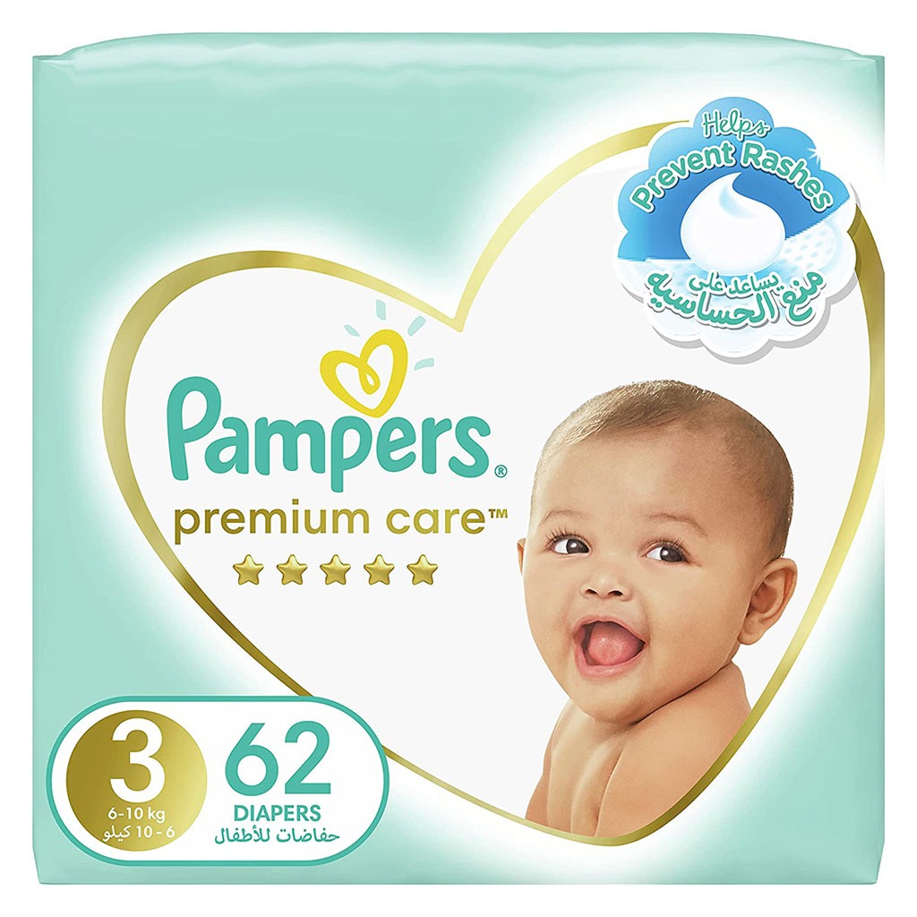 Pampers, Premium Care Baby Diapers Size 3, Soft breathable diapers for 6–10 kg babies, 62 pcs