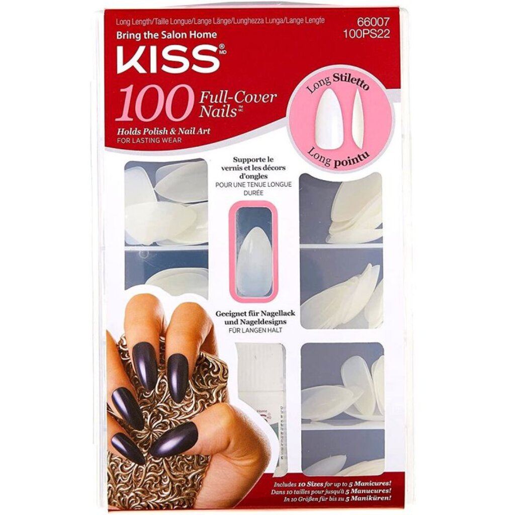 Kiss, Full Cover Long Stiletto Nails Glue-On, Long-lasting glue-on nails in 10 sizes, 100 nails