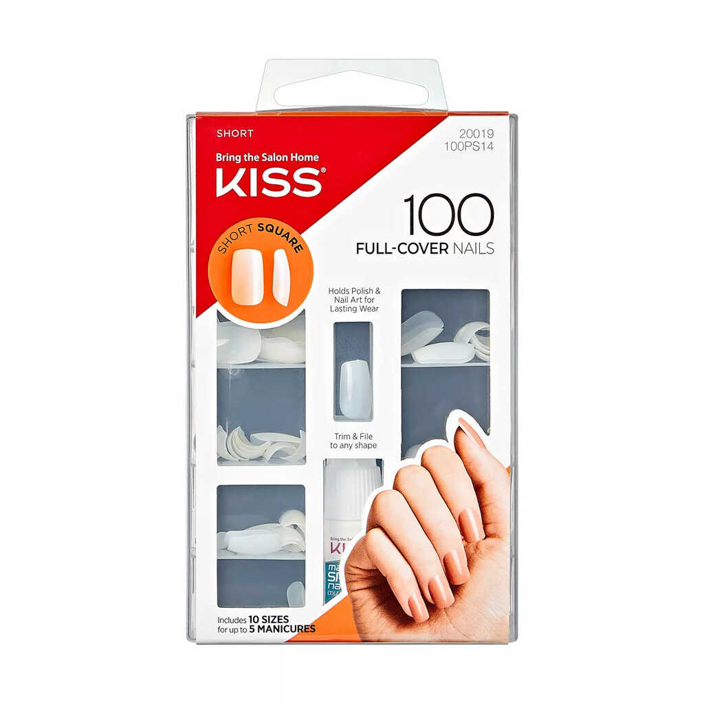 KISS Full Cover Fake Nails, Short Square, 100 Nails, 10 Sizes, Nail Glue Included