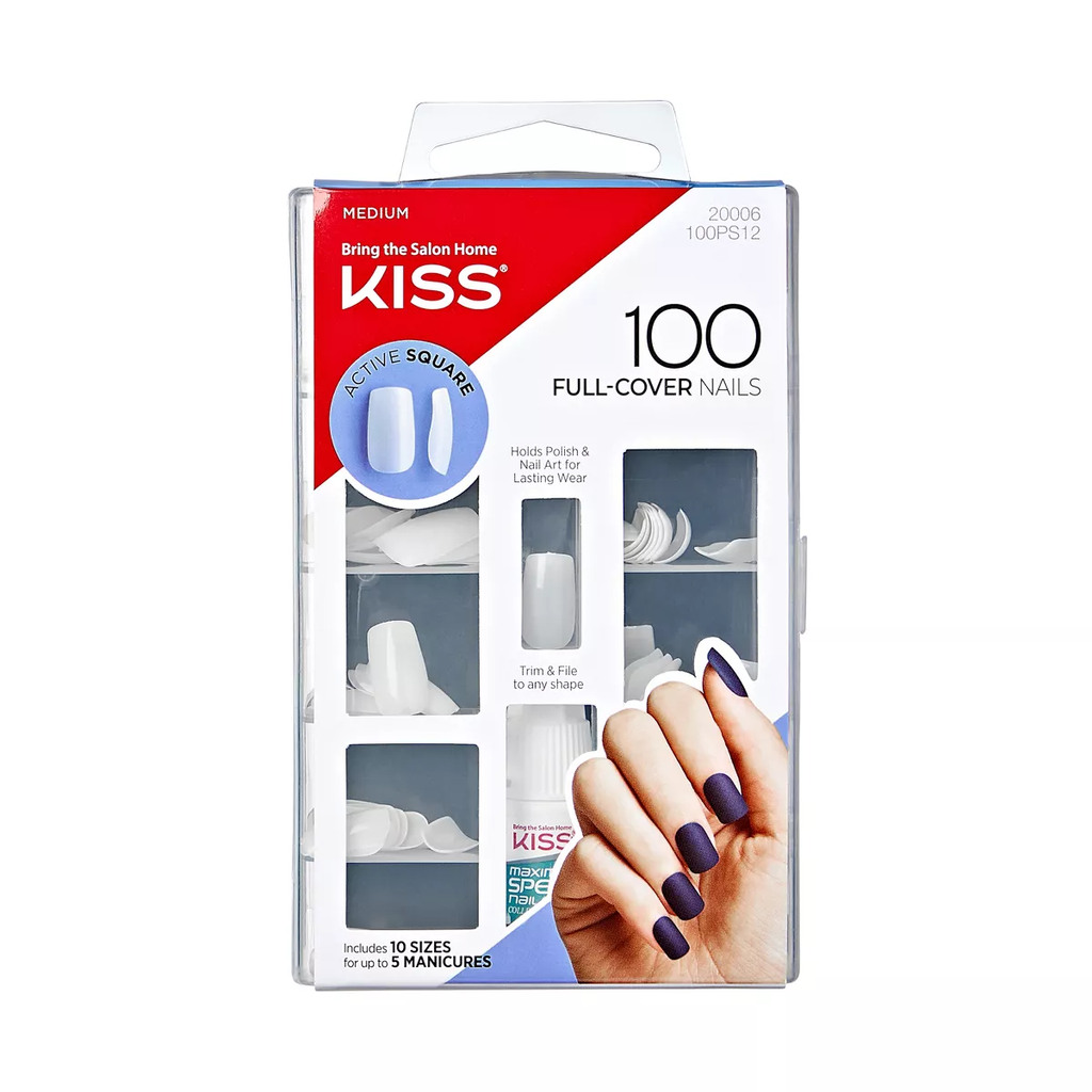 KISS Full Cover Fake Nails, Active Square, 100 Nails, 10 Sizes, Nail Glue Included