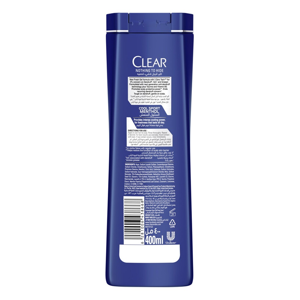 Clear, Shampoo Cool Sport Menthol, Cooling menthol shampoo for active scalp, 12ml
