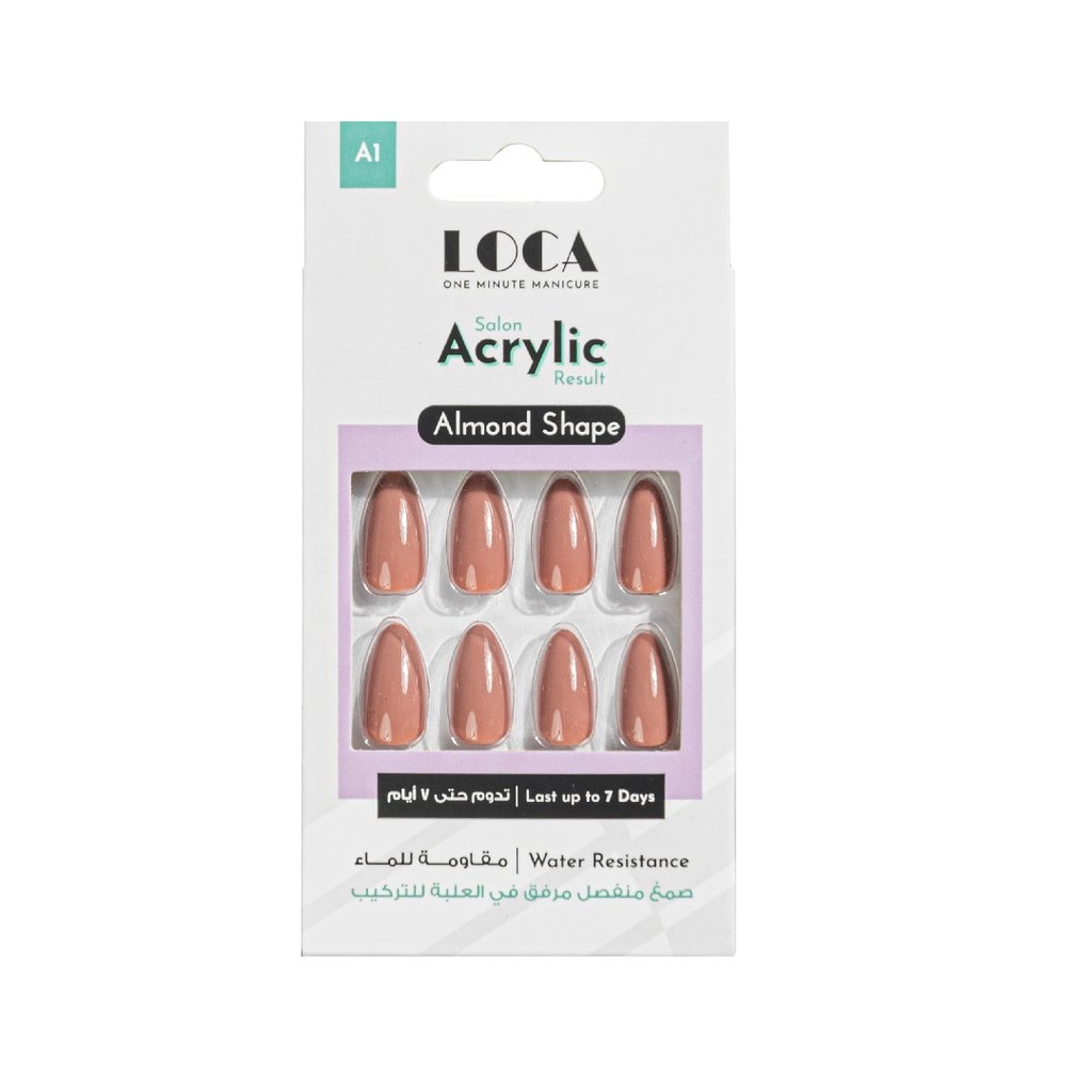Loca, Acrylic Nails with Glue Tube A1 Almond Shape, Durable almond shaped acrylic nails with glue, 24 nails