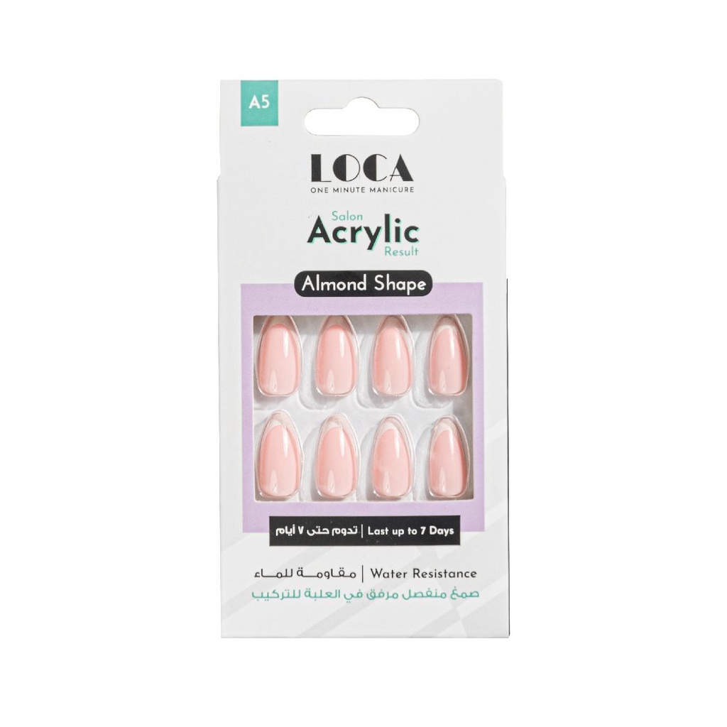 Loca, Acrylic Nails with Glue Tube Almond Shape A5, Durable artificial nails with adhesive, 24 nails