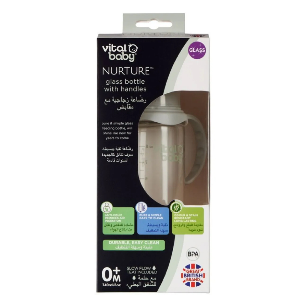Vital Baby, Nurture Glass Feeding Bottle With Handles, Ergonomic glass bottle with handles for easy hold, 240 ml
