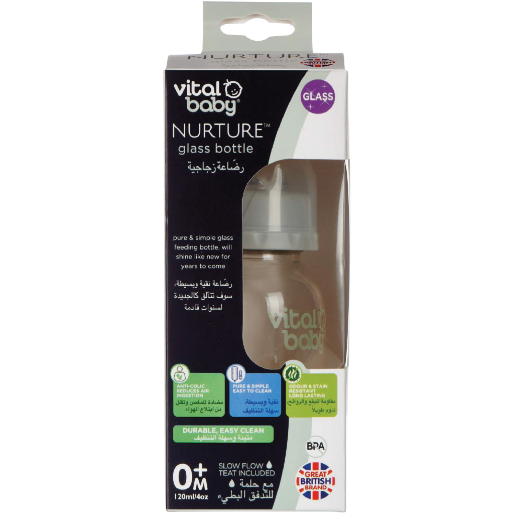 Vital Baby, Nurture Glass Feeding Bottle, Durable glass bottle with anti-colic design, 120 ml
