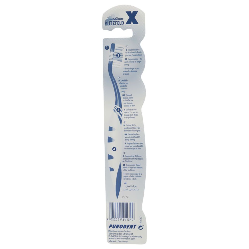 Purodent, X Putzfeld Medium Assorted Toothbrush, Medium bristle toothbrush for daily oral care