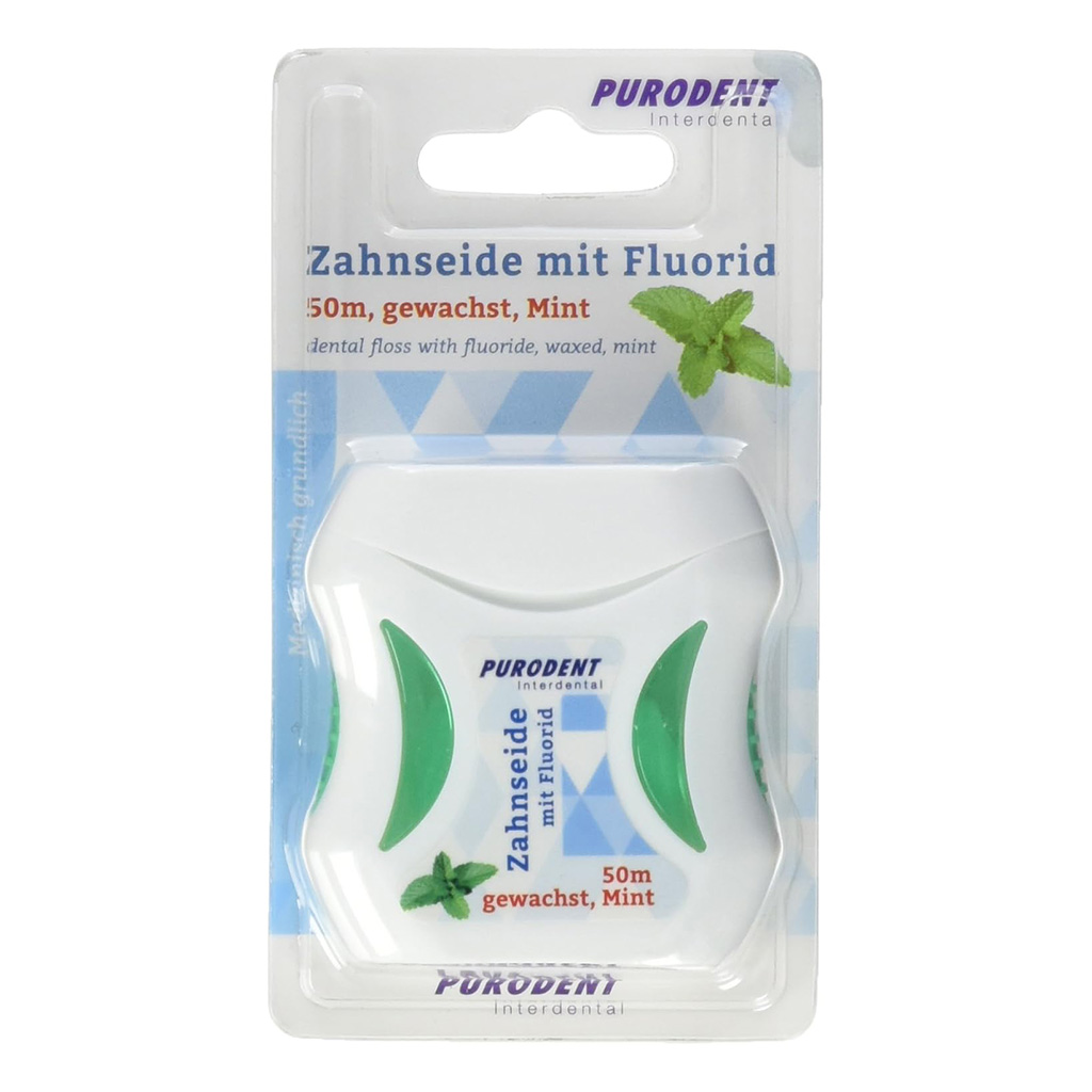 Purodent, Waxed Mint Flavor Dental Floss With Fluoride, Mint flavored dental floss for plaque removal, 50 m