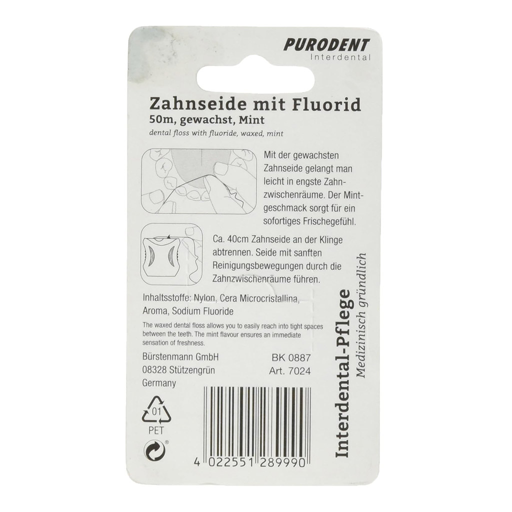 Purodent, Waxed Mint Flavor Dental Floss With Fluoride, Mint flavored dental floss for plaque removal, 50 m