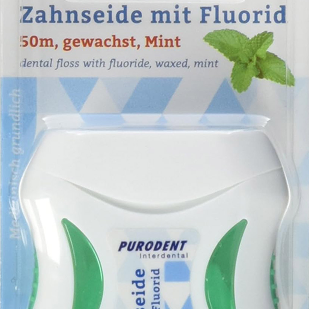 Purodent, Waxed Mint Flavor Dental Floss With Fluoride, Mint flavored dental floss for plaque removal, 50 m