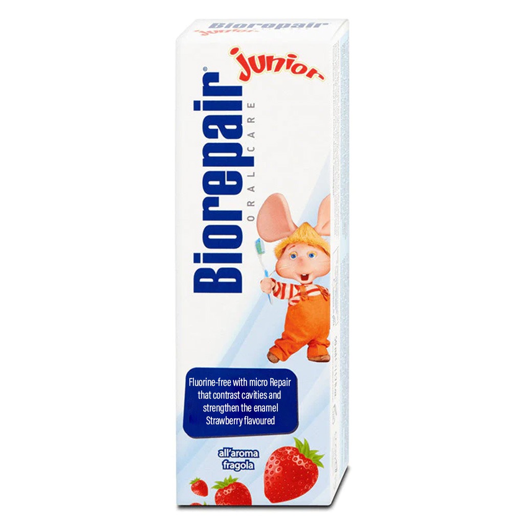 Biorepair Junior Fluoride-Free Strawberry Toothpaste For 0-6 Years Old Kid, 50 Ml