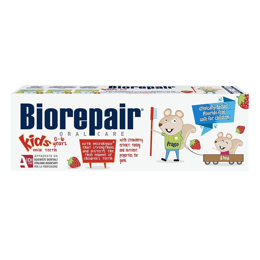 Biorepair Junior Fluoride-Free Strawberry Toothpaste For 0-6 Years Old Kid, 50 Ml