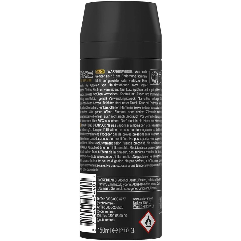 Axe, Gold Temptation Deodorant Body Spray, Long-lasting fresh scent body spray, 150ml