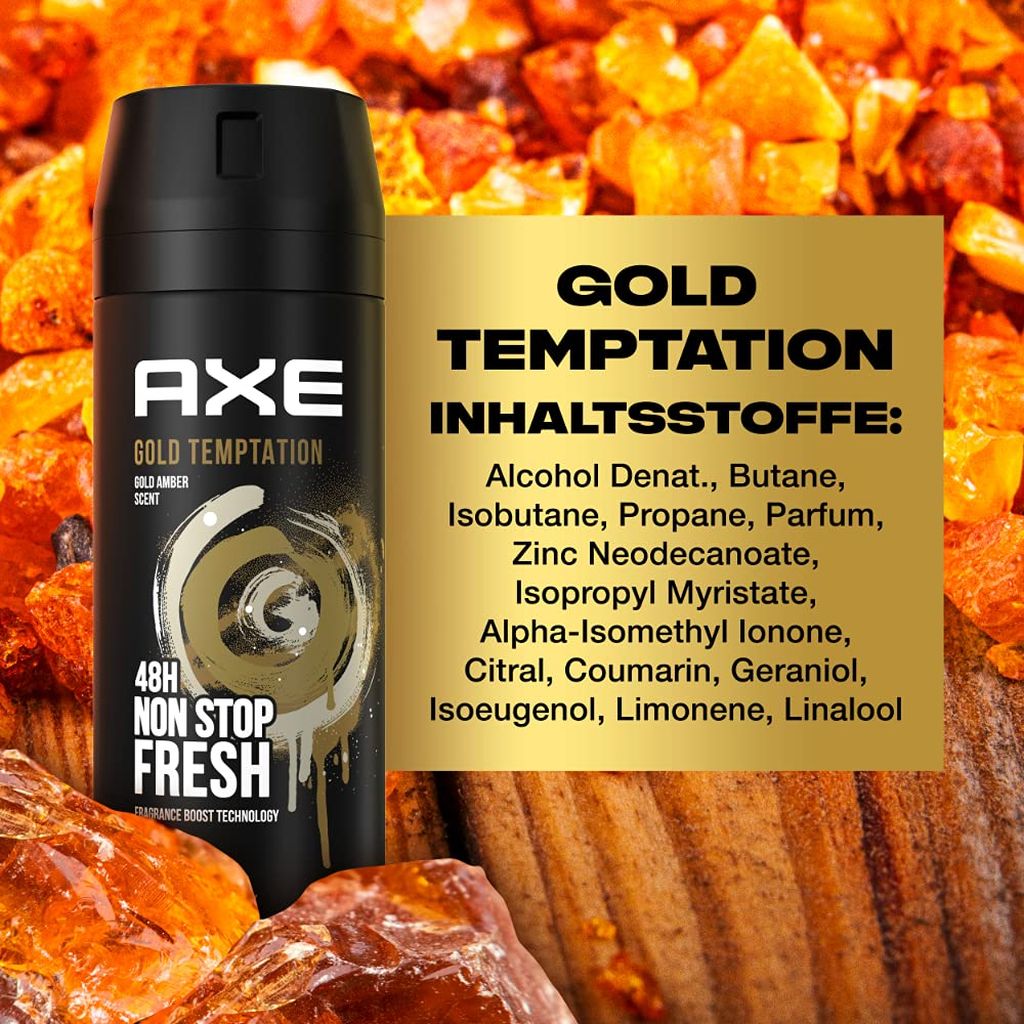 Axe, Gold Temptation Deodorant Body Spray, Long-lasting fresh scent body spray, 150ml