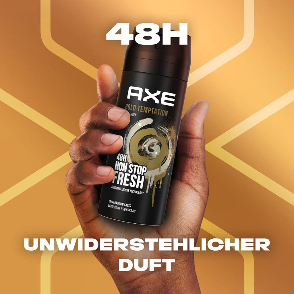Axe, Gold Temptation Deodorant Body Spray, Long-lasting fresh scent body spray, 150ml