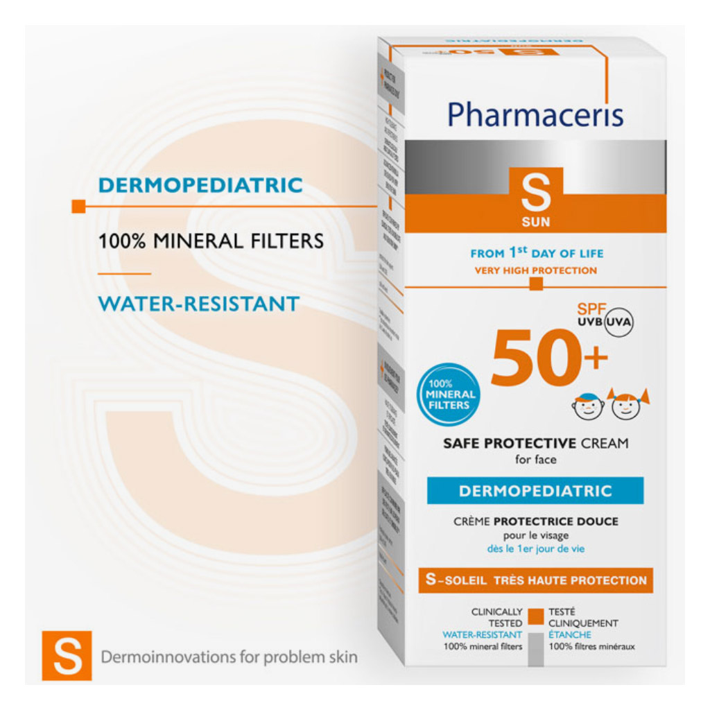 Pharmaceris S, Dermopediatric Safe Protective Face Cream SPF 50+, High protection cream for sensitive skin from birth, 50ml