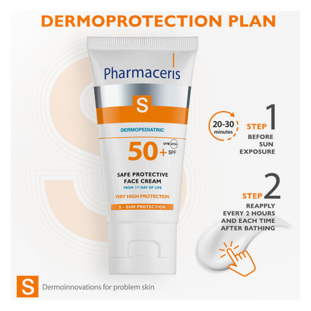 Pharmaceris S, Dermopediatric Safe Protective Face Cream SPF 50+, High protection cream for sensitive skin from birth, 50ml