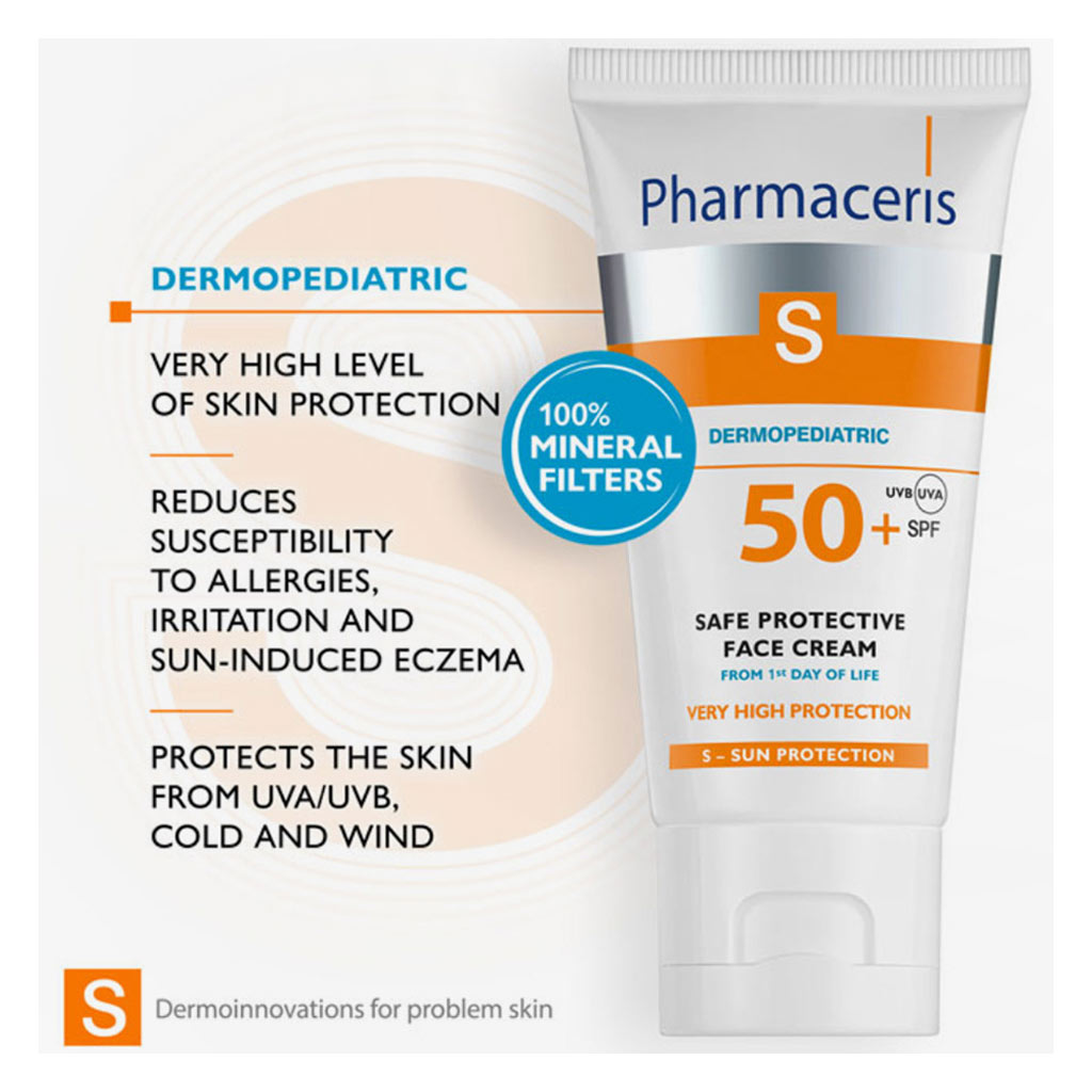 Pharmaceris S, Dermopediatric Safe Protective Face Cream SPF 50+, High protection cream for sensitive skin from birth, 50ml