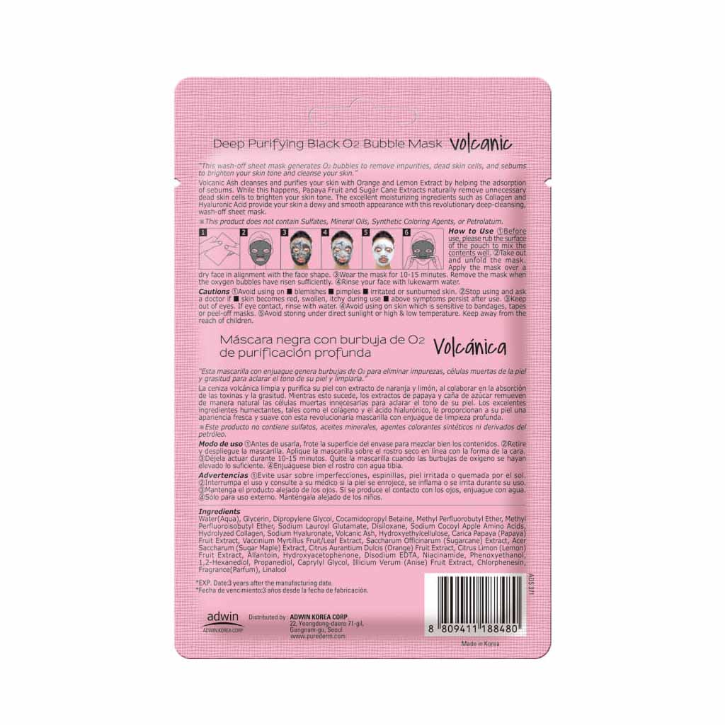 Purederm, Deep Purifying Black O2 Bubble Mask Volcanic, Detoxifying volcanic bubble mask for deep cleansing