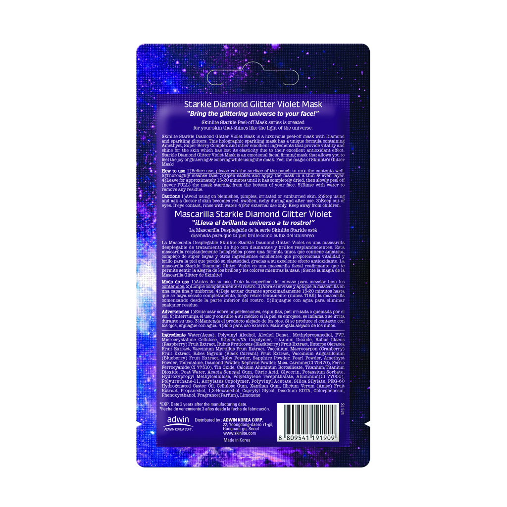 Skinlite, Glitter Violet Peel-Off Mask, Peel-off facial mask with violet glitter