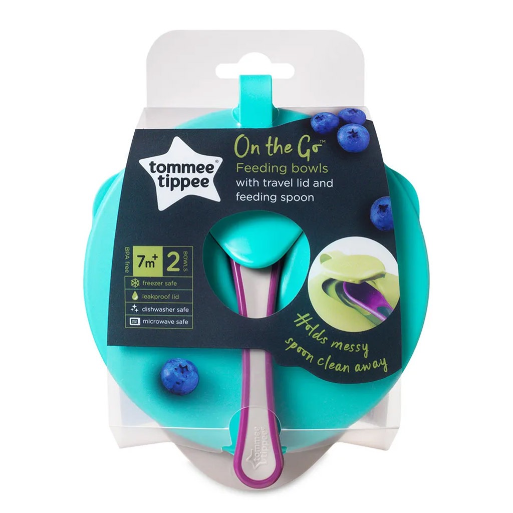 Tommee Tippee On-The-Go Feeding Bowl Blue With Spoon And Lid- Pack Of 2