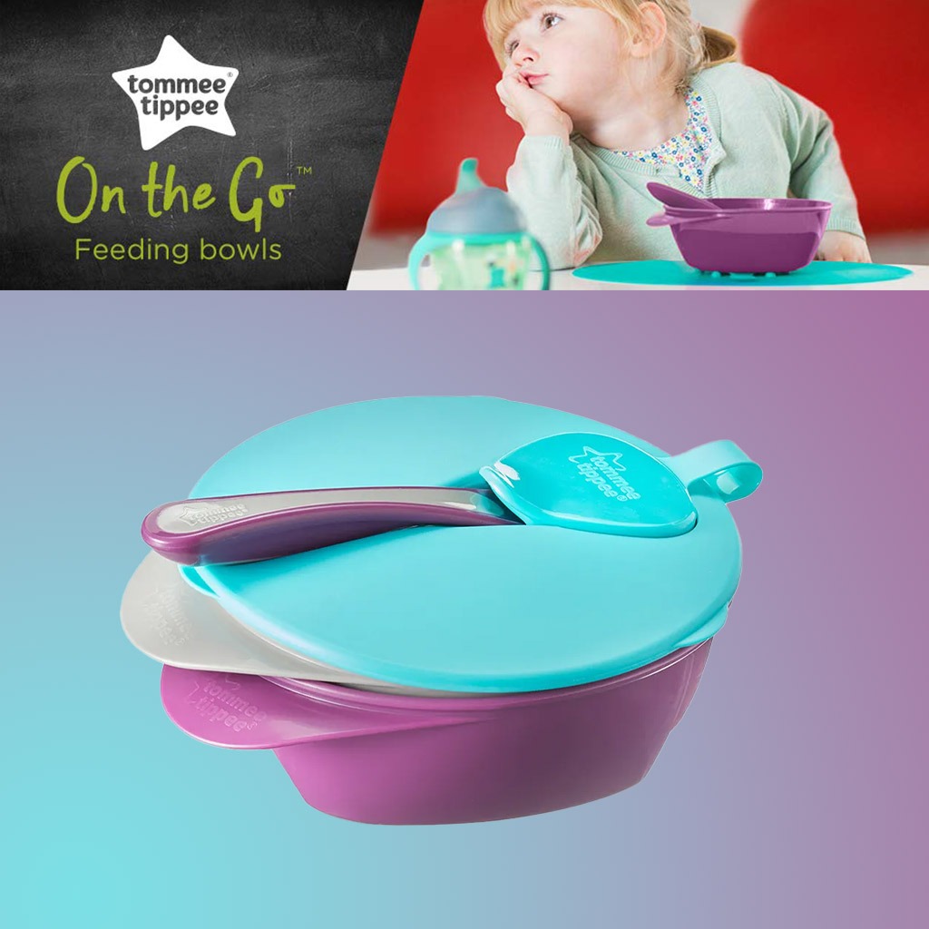 Tommee Tippee On-The-Go Feeding Bowl Blue With Spoon And Lid- Pack Of 2