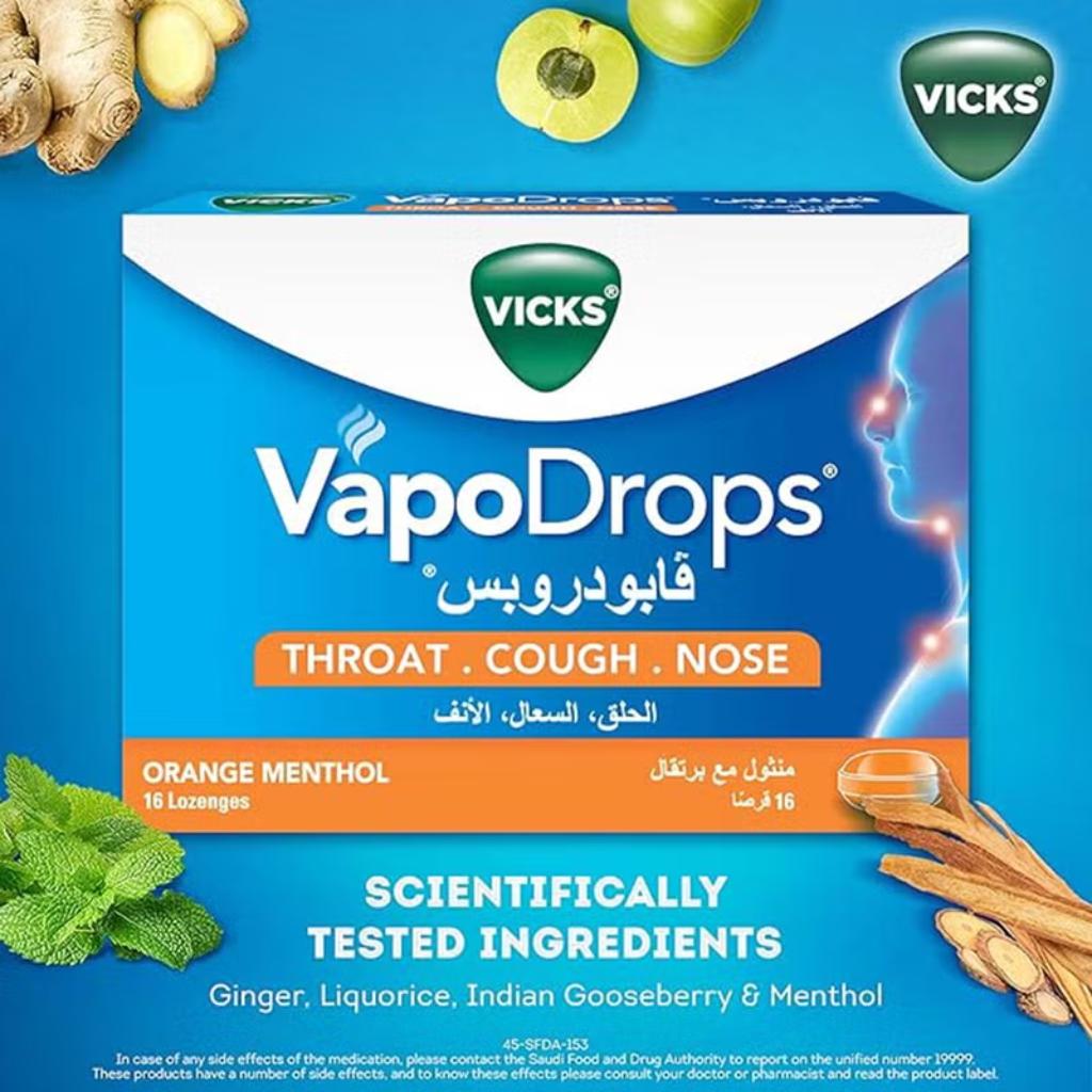 Vicks, VapoDrops Orange Menthol Lozenges, Soothing lozenges for cough and sore throat, 16 lozenges