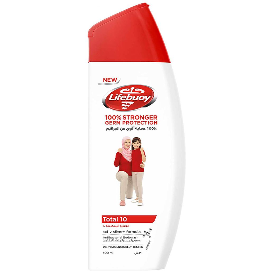 Lifebuoy, Total 10 Antibacterial Body Wash with Loofah, Deep cleansing antibacterial body wash, 300ml