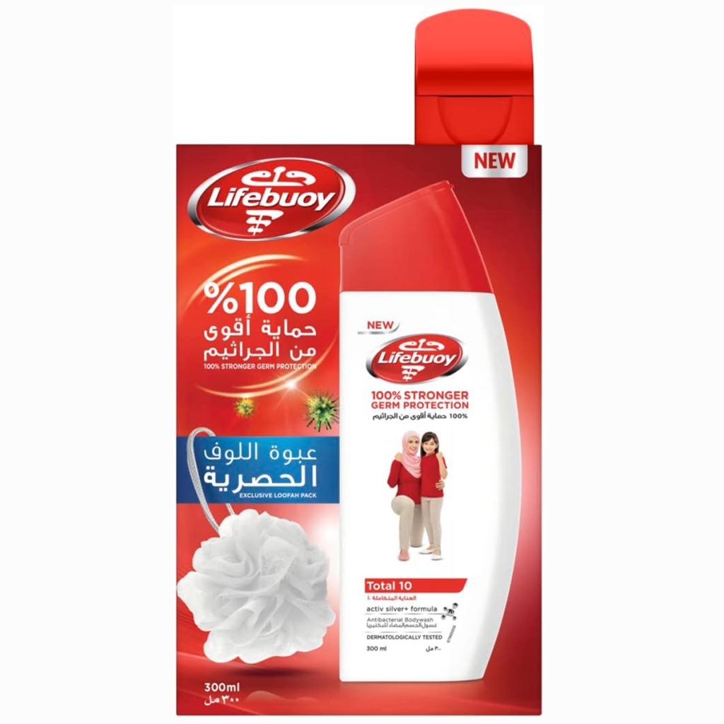 Lifebuoy, Total 10 Antibacterial Body Wash with Loofah, Deep cleansing antibacterial body wash, 300ml