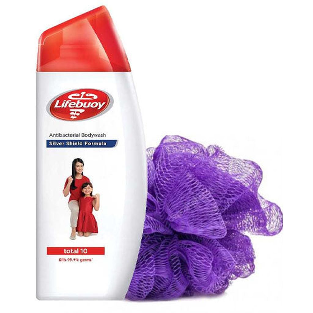 Lifebuoy, Total 10 Antibacterial Body Wash with Loofah, Deep cleansing antibacterial body wash, 300ml