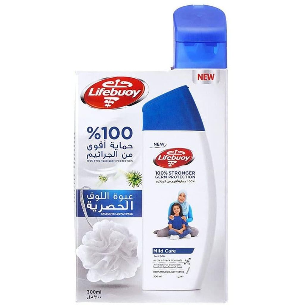 Lifebuoy, Mild Care antibacterial body wash with loofah, Gentle antibacterial body wash with exfoliating loofah, 300 ml