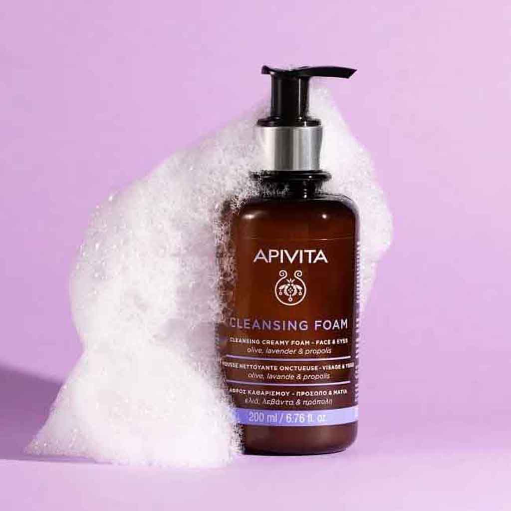 Apivita, Cleansing Foam Olive & Lavender, Gentle face and eye cleanser with natural ingredients, 200 ml
