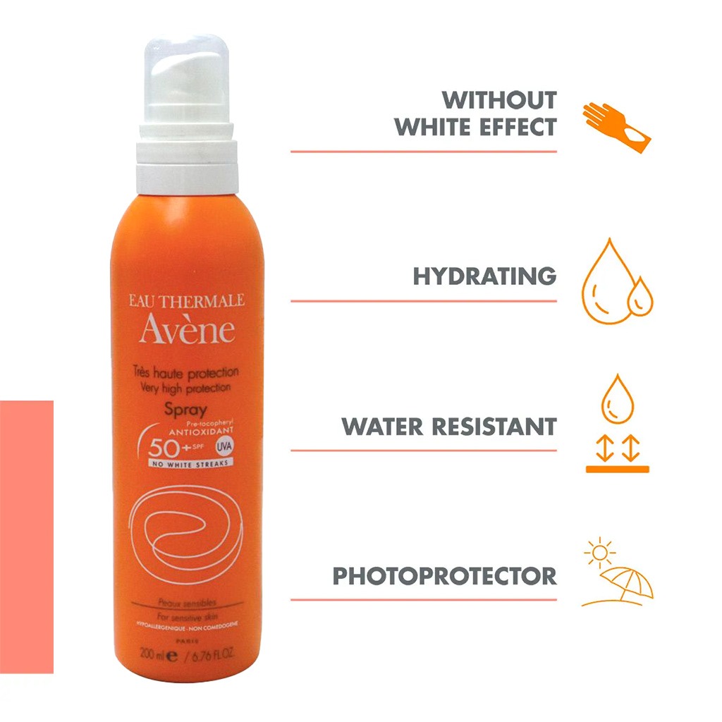 Avene, Sun Care Spray No White Streaks SPF 50+, High protection sun spray with no white residue, 200 ml