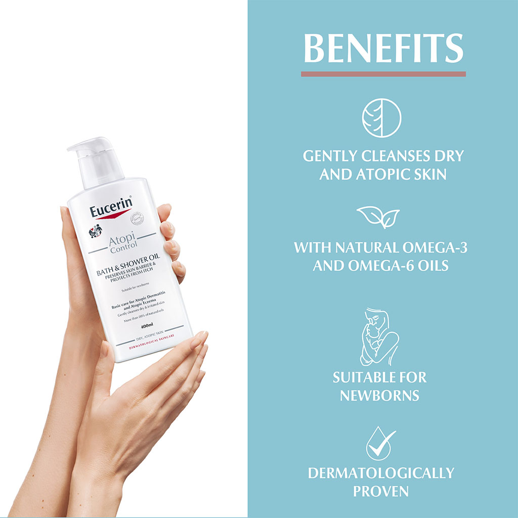 Eucerin, AtopiControl Bath & Shower Oil, Soothing oil for atopic dermatitis relief, 400ml