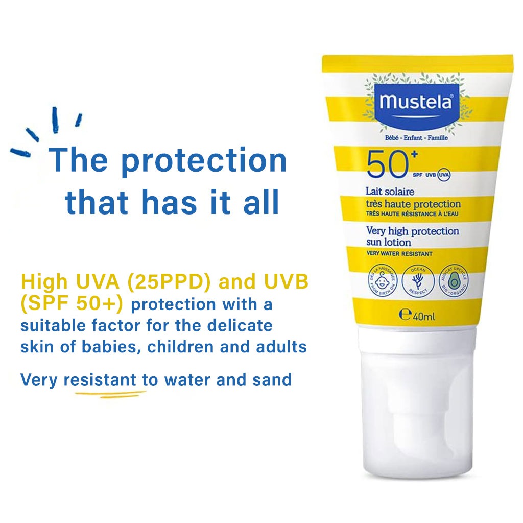 Mustela, Very High Protection SPF 50+ Baby Sunscreen Lotion, Broad spectrum sunscreen for babies, 40ml