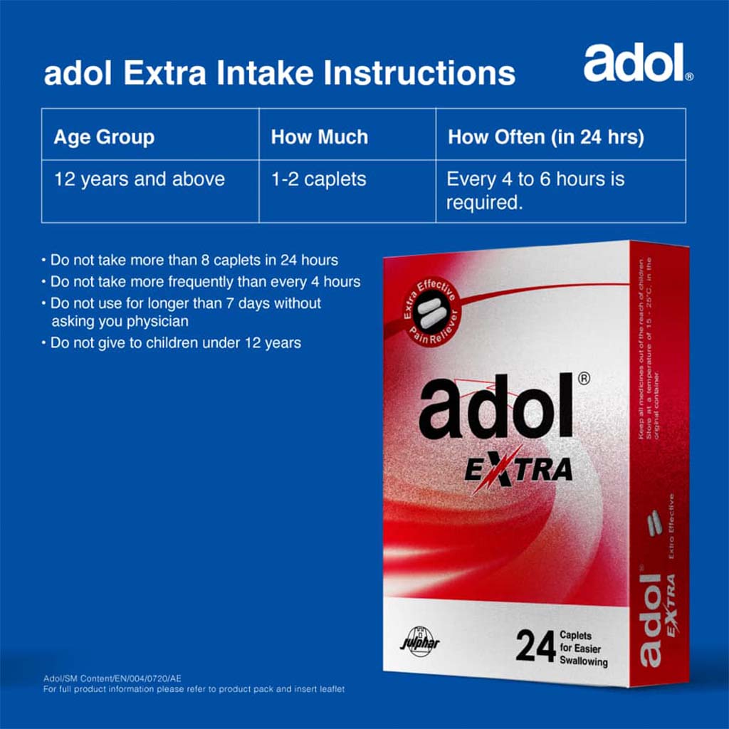 Adol-Extra, Pain relief caplets, Fast-acting pain and fever relief, 24 caplets
