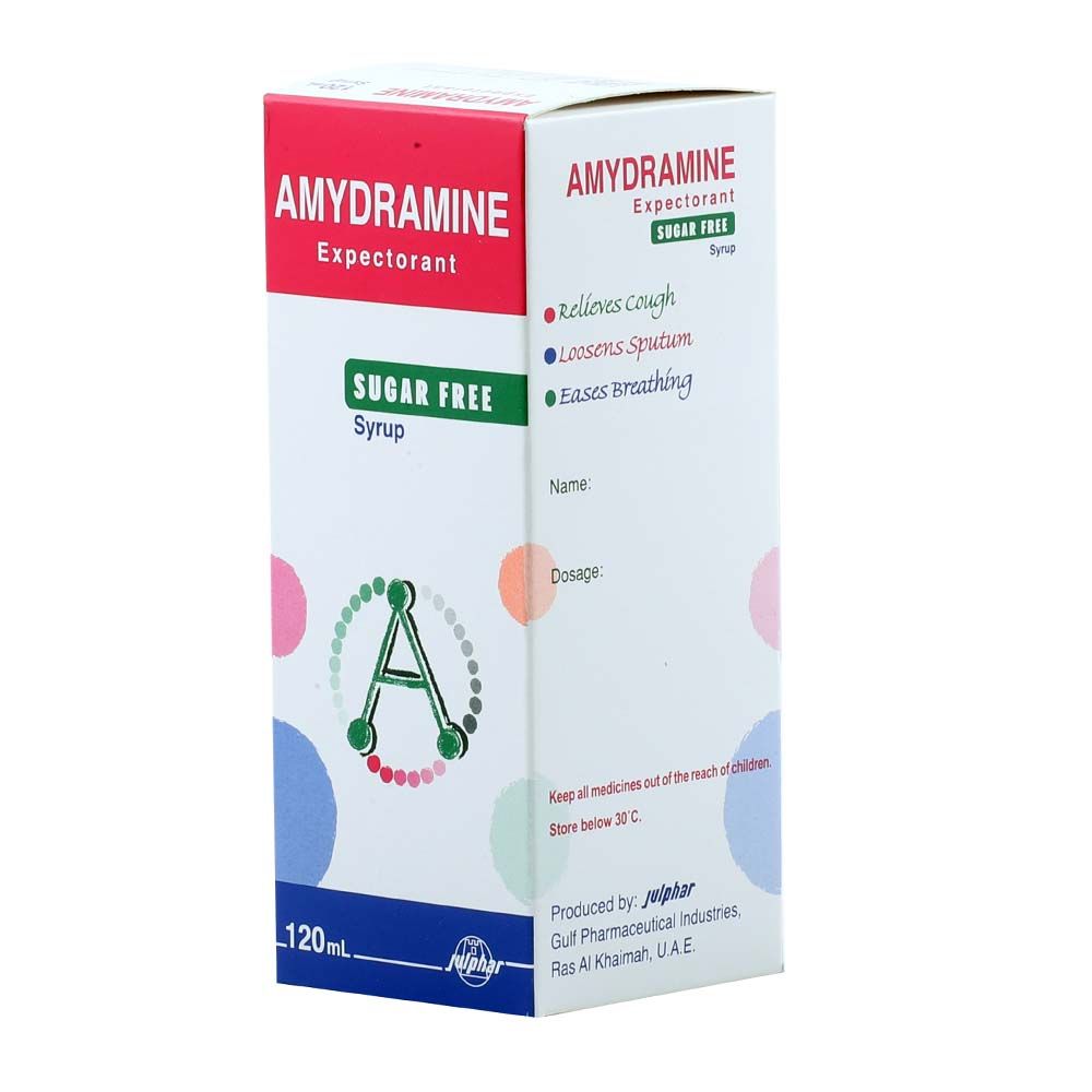 Amydramine, Sugar Free Expectorant Syrup, Relieves cough and clears chest congestion, 120 ml