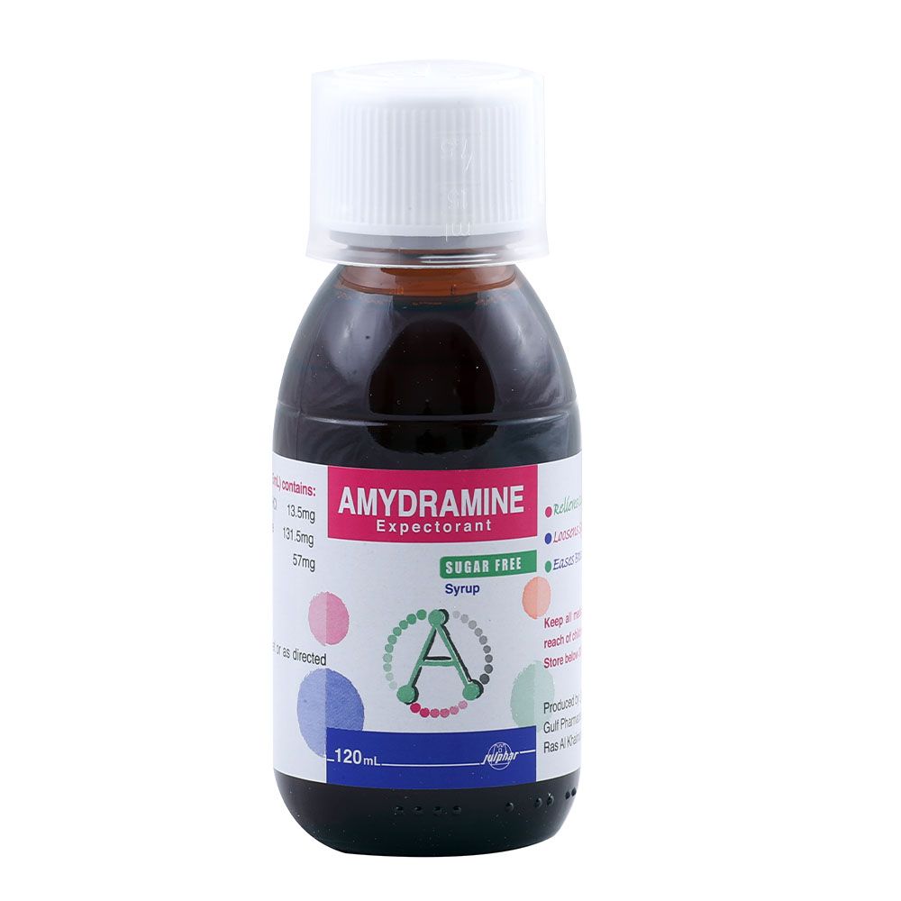 Amydramine, Sugar Free Expectorant Syrup, Relieves cough and clears chest congestion, 120 ml