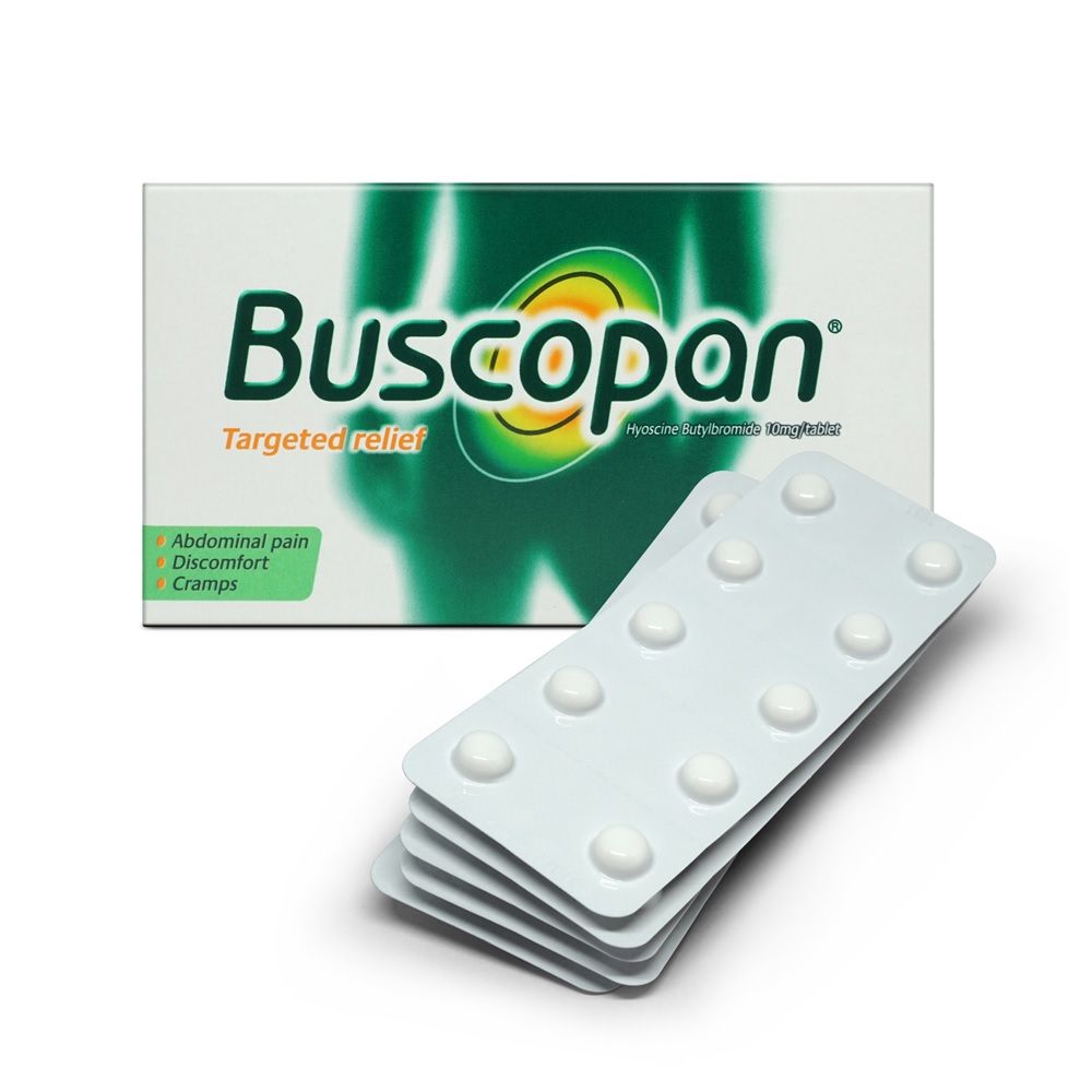 Buscopan, 10mg Tablets, Antispasmodic medication for abdominal cramps, 20 tablets