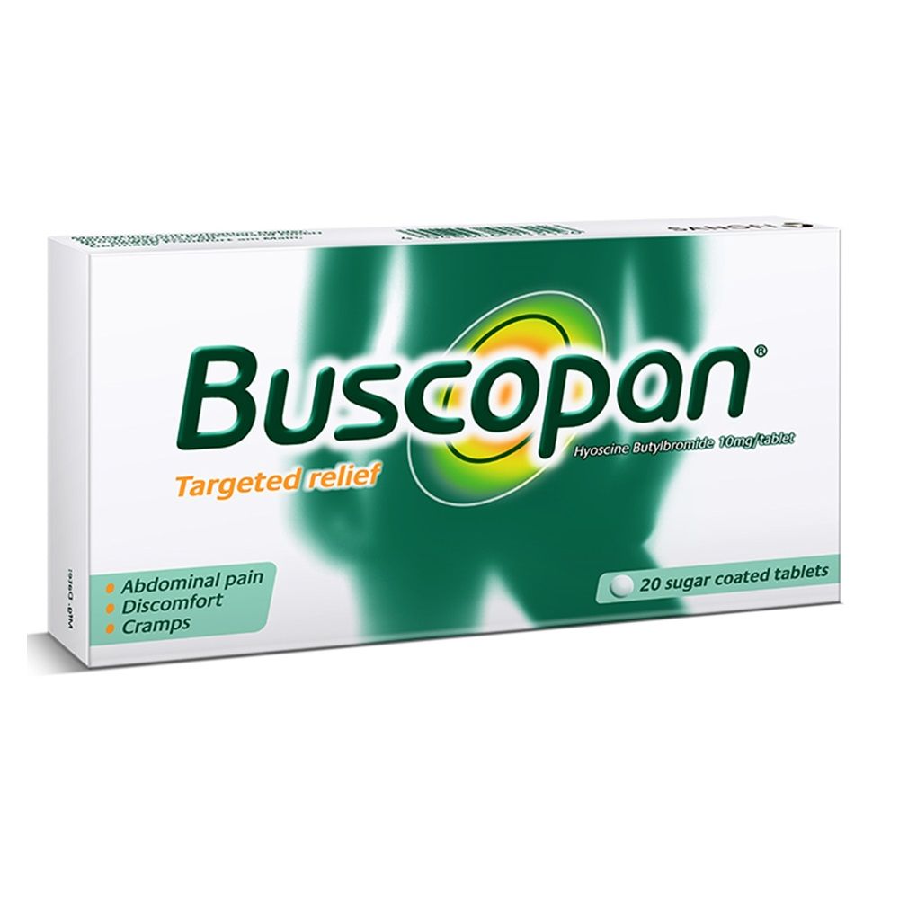 Buscopan, 10mg Tablets, Antispasmodic medication for abdominal cramps, 20 tablets