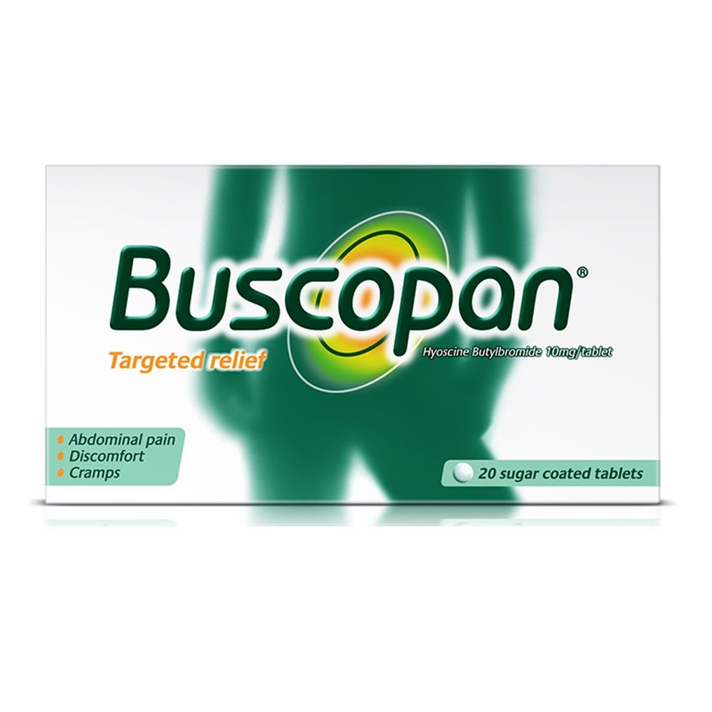 Buscopan, 10mg Tablets, Antispasmodic medication for abdominal cramps, 20 tablets