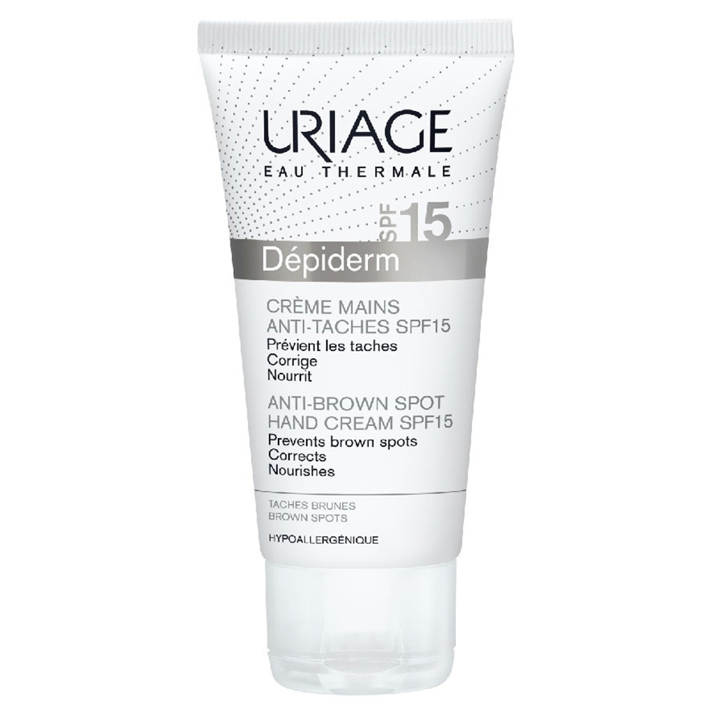 Uriage, Depiderm Anti-Brown Spot Hand Cream SPF 15, Hand cream with sun protection for dark spot reduction, 50ml