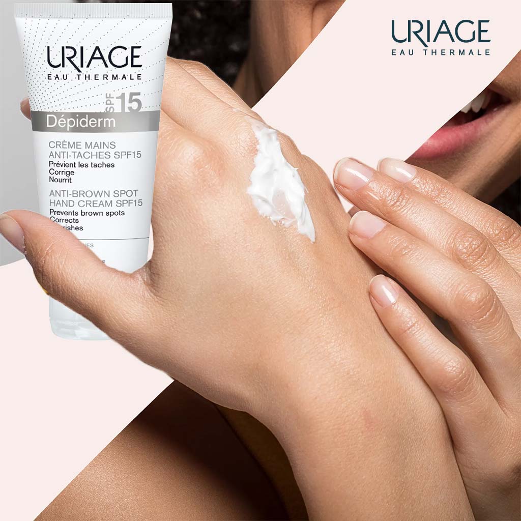 Uriage, Depiderm Anti-Brown Spot Hand Cream SPF 15, Hand cream with sun protection for dark spot reduction, 50ml