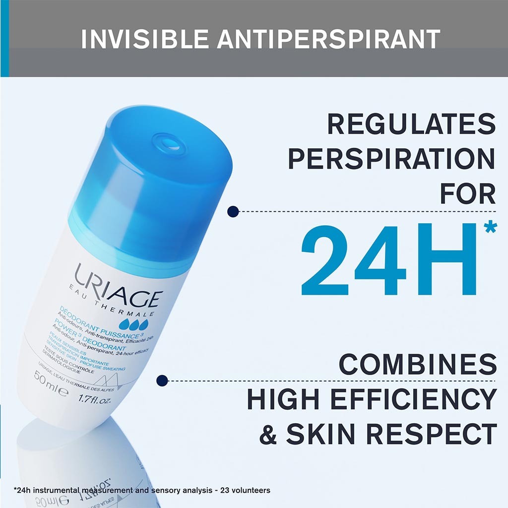 Uriage, Power-3 Antiperspirant 24 Hours Fresh Deodorant Roll On, Long-lasting antiperspirant deodorant roll-on, 50ml