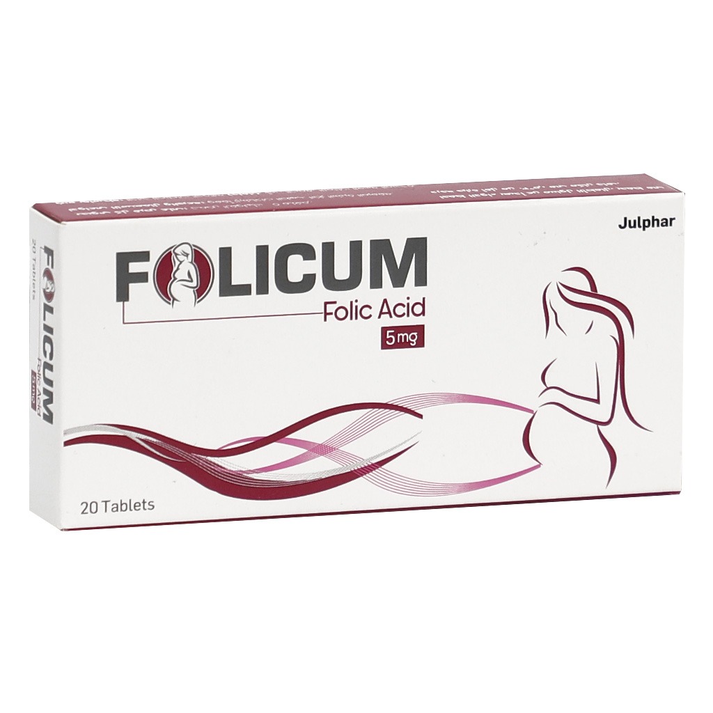 Folicum, 5mg Tablets, Folic acid supplement for prenatal health, 20 tablets