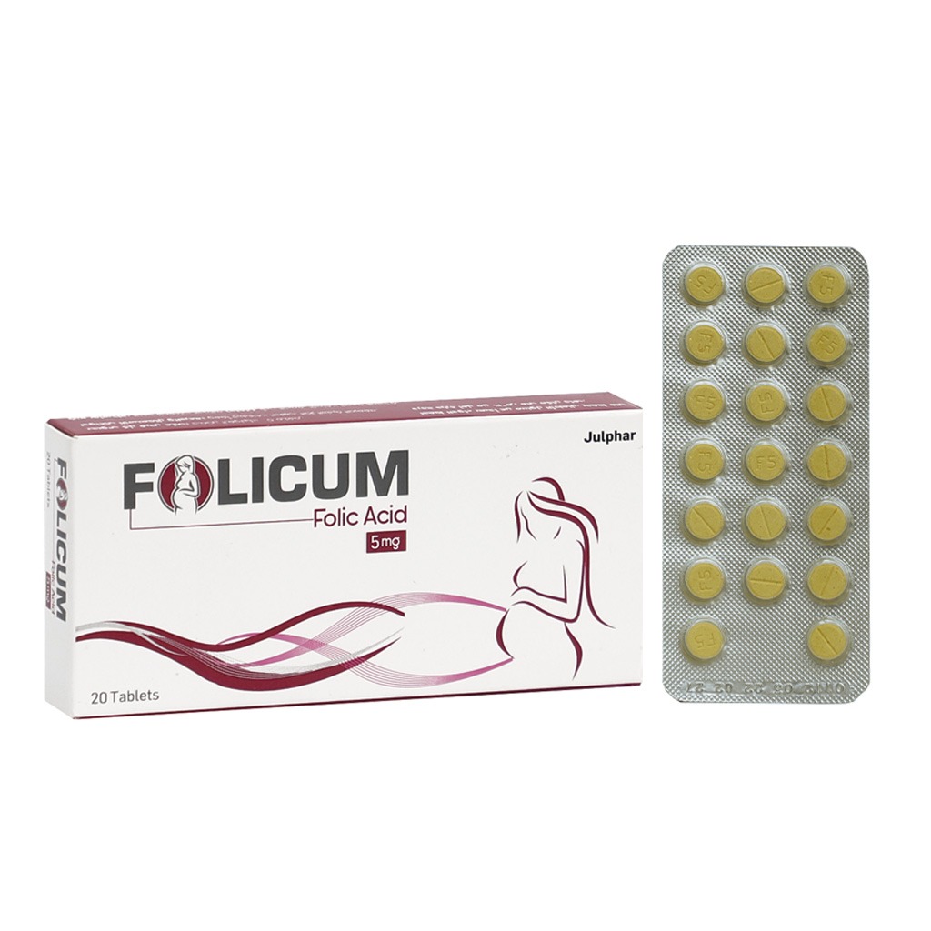 Folicum, 5mg Tablets, Folic acid supplement for prenatal health, 20 tablets